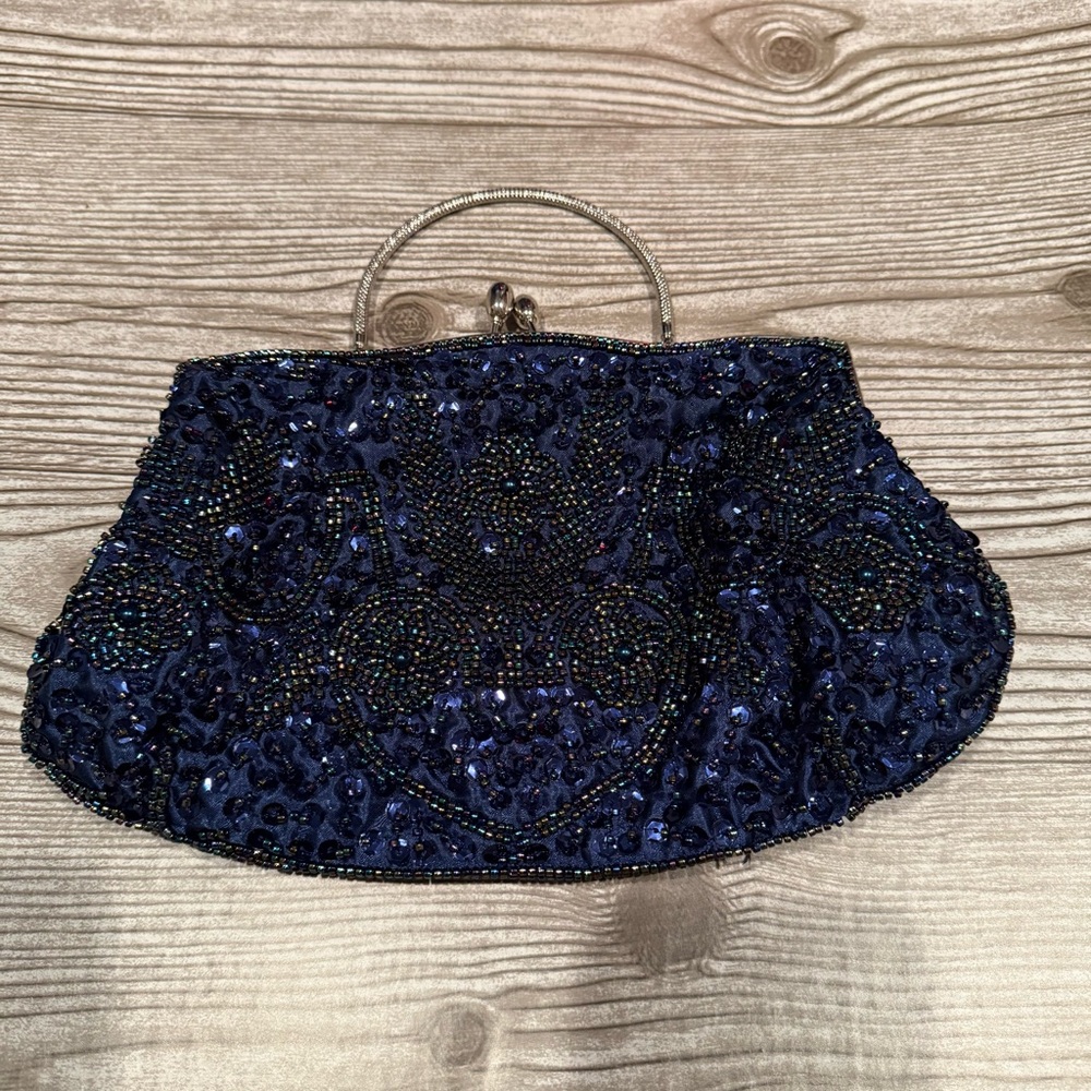 Vintage Navy Blue Beaded Evening Bag Top Handle Kiss Lock Formal Purse